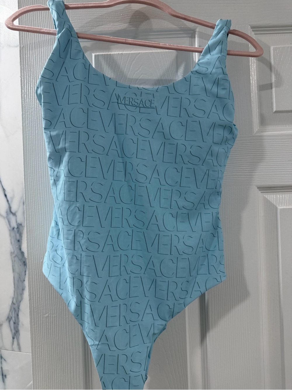 Versace Blue Embossed Logo One-Piece - Picture 2 of 8